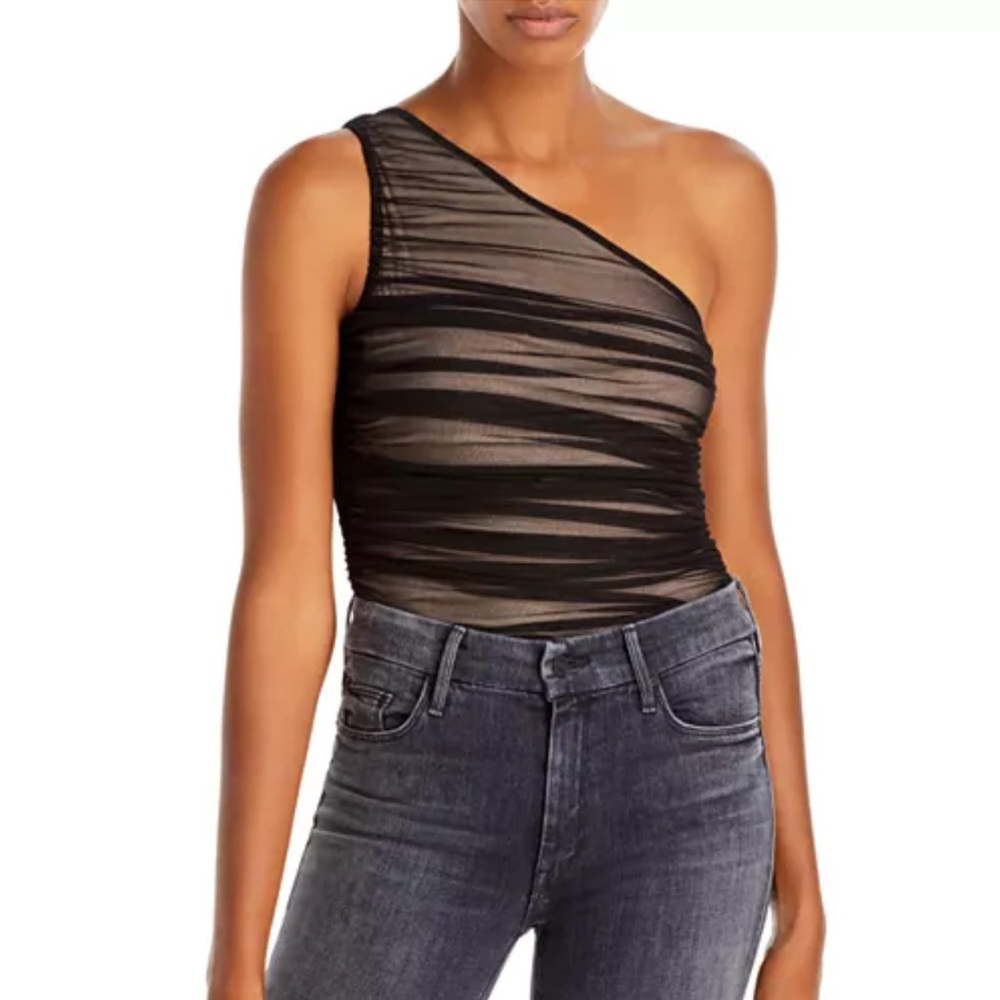 AQUA One Shoulder Mesh Thong Bodysuit